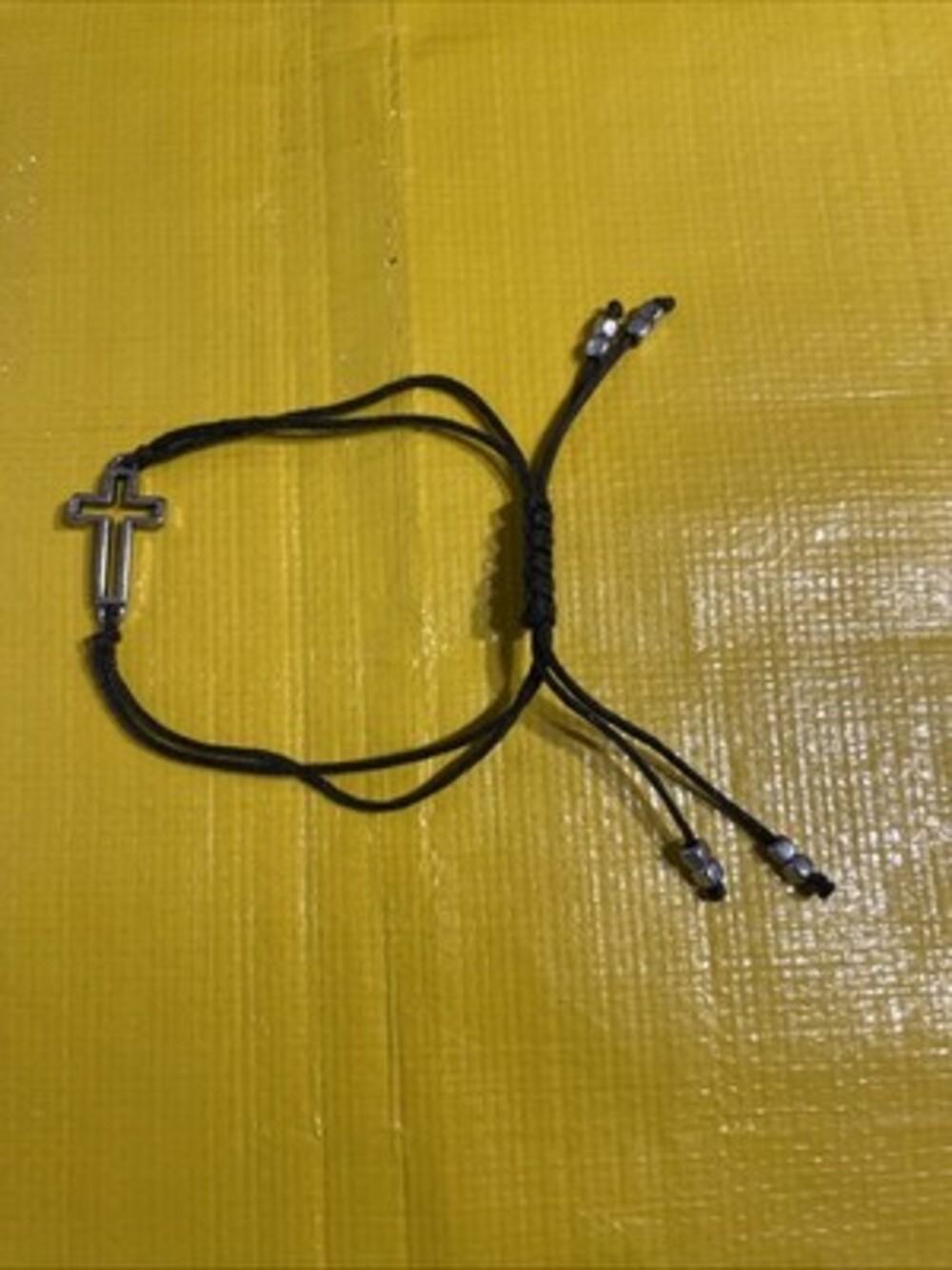 Black Cord Cross Bracelet Adjustable Pull String Silver Tone Religious Christian